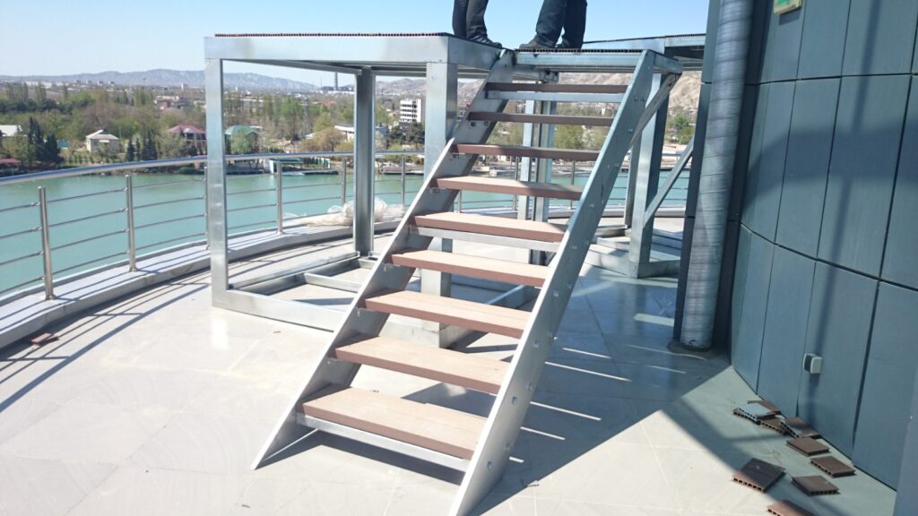 Modern outdoor staircase with metal frame and wooden steps