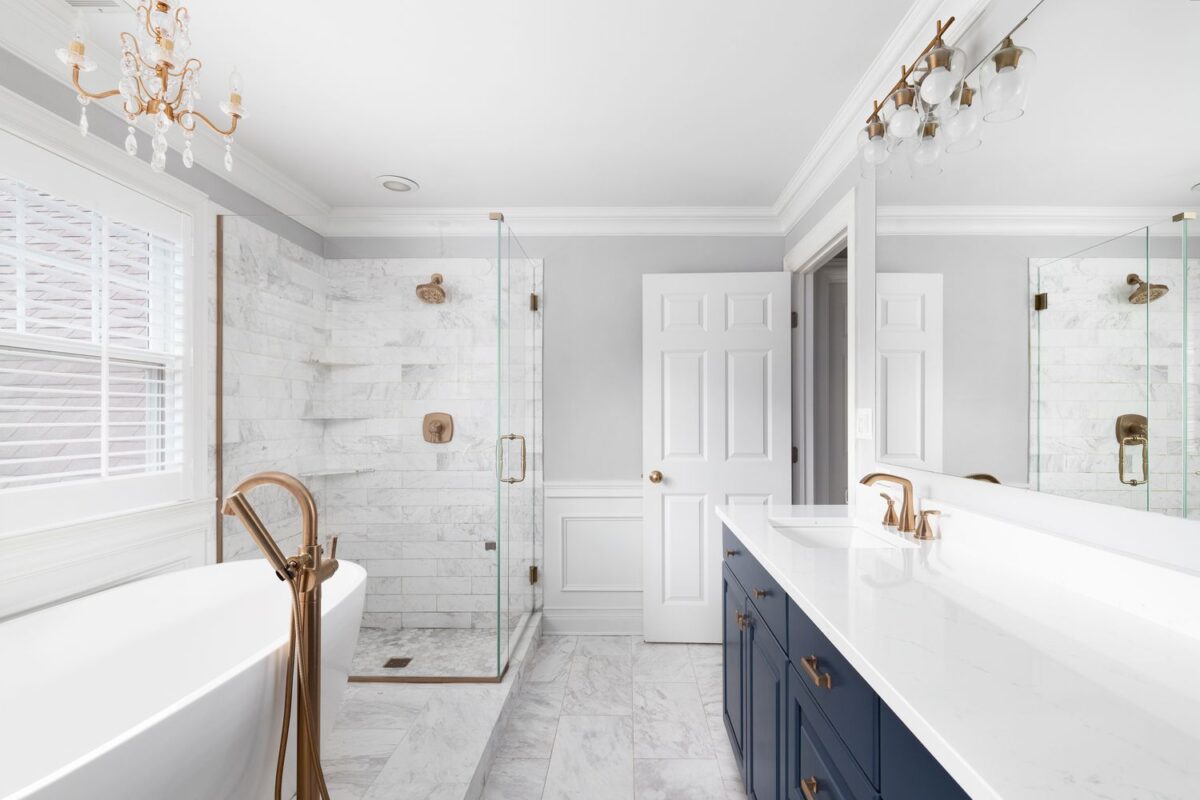 modern bathroom renovation toronto with glass shower and custom vanity by mcaze team