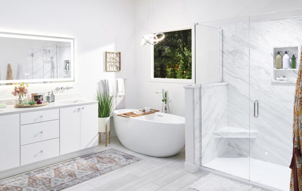 Freestanding bathtub and ceramic tile bathroom renovation Toronto