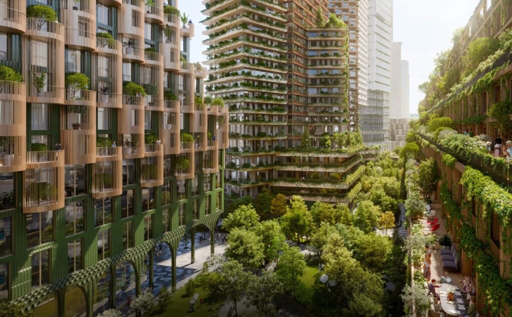 Sustainable Toronto garden with native plants and permeable stone pathways