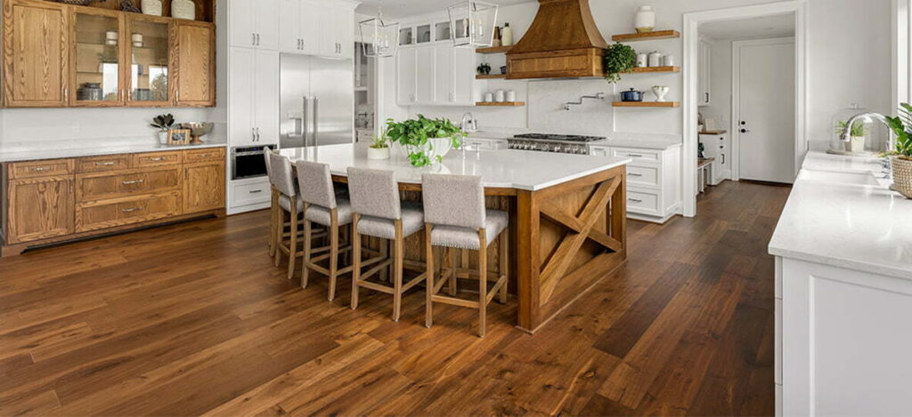 Stylish kitchen with water-resistant laminate flooring]