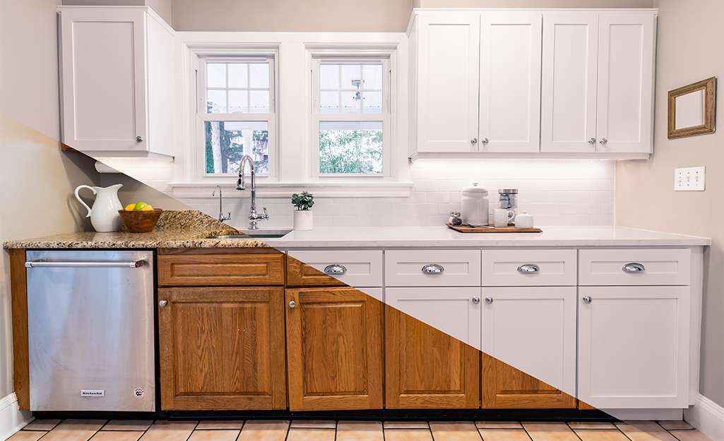 Before and after kitchen with new cabinet doors Toronto