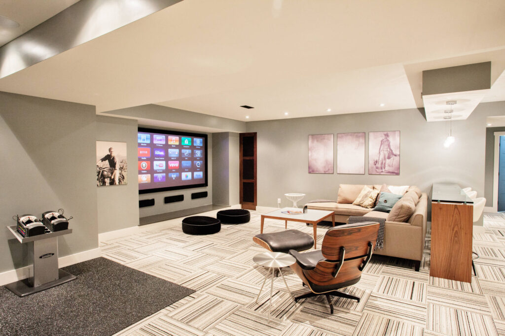 Home theatre setup in a modern finished basement.