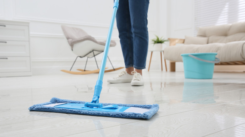 Microfiber mop on a plank floor.