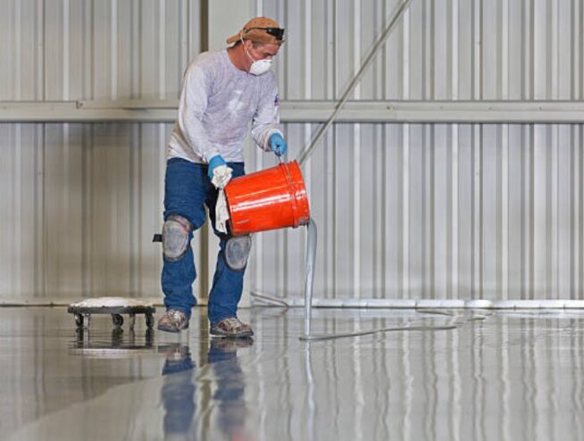 McAze crew applying glossy epoxy flooring in a Toronto garage with flake finish and seamless coating.