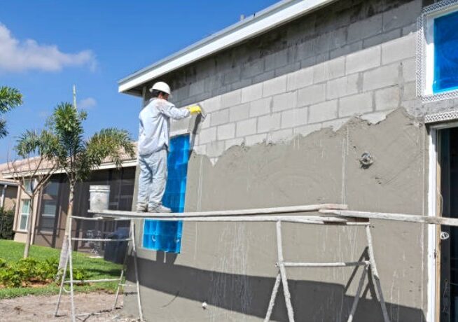 McAze team applying fresh stucco finish on exterior wall of a Toronto residential property.